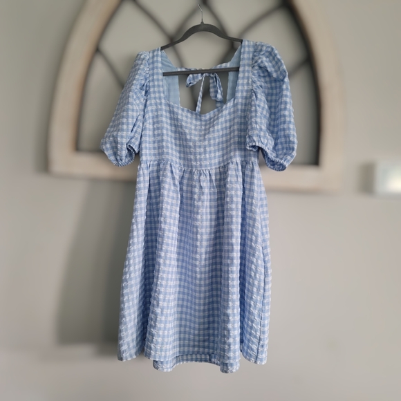 JACQUIE the LABEL Puff Sleeve Babydoll Gingham Dress Blue, Sz L - Picture 2 of 4
